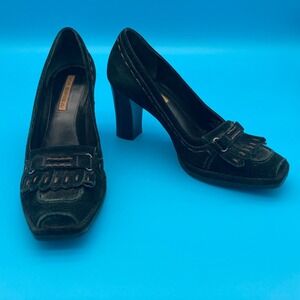 Via Spiga Black Suede Kiltie Fringe Loafer Block Heels - Size 7.5M